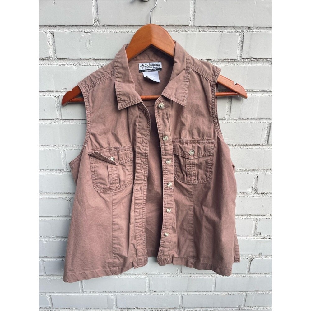 Columbia Women’s brown sleeveless button up vest Y2K Gorpcore Utility Hiking VTG